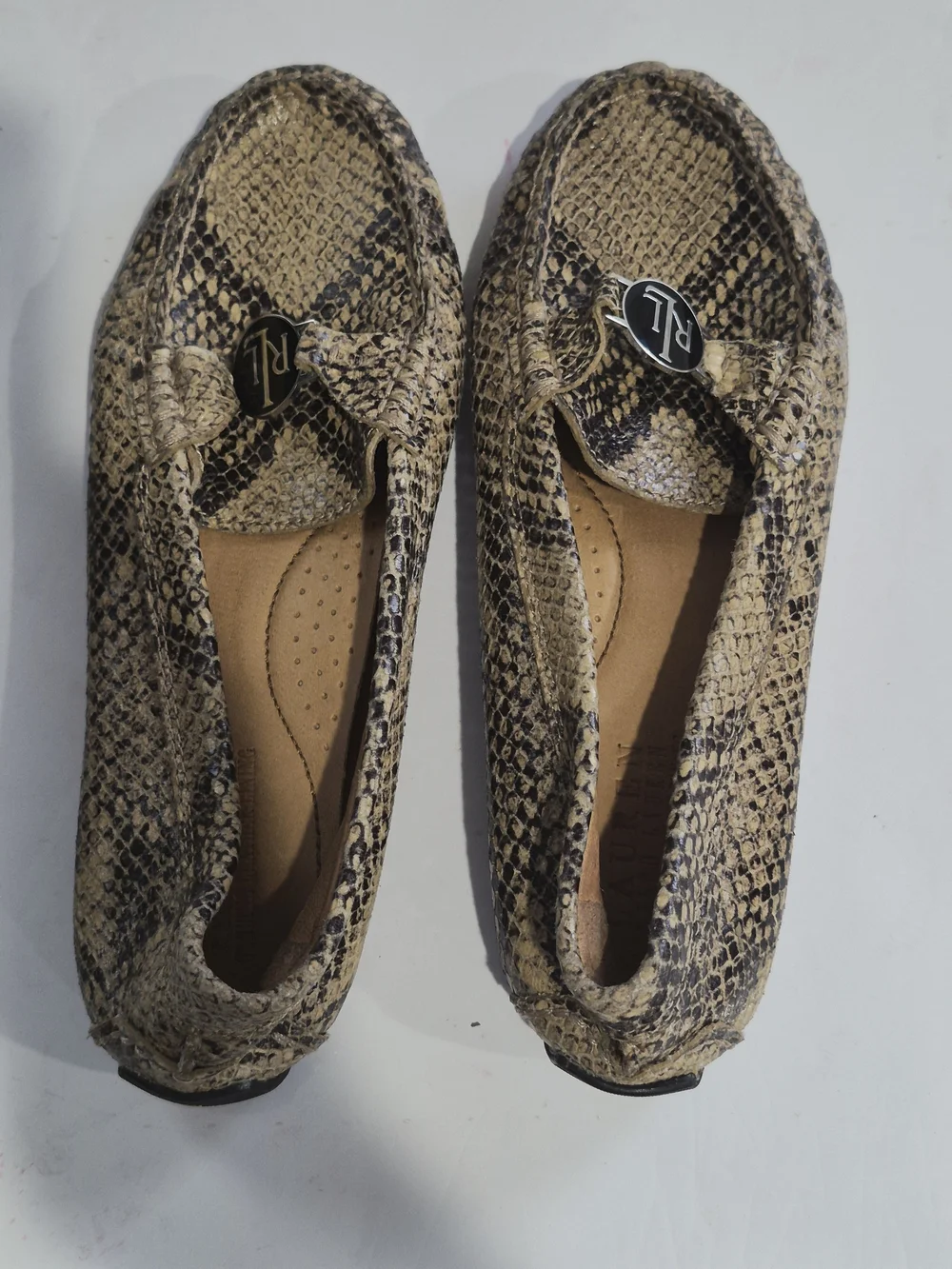 Ralph Lauren Snake-Print Driving Loafers in Beige